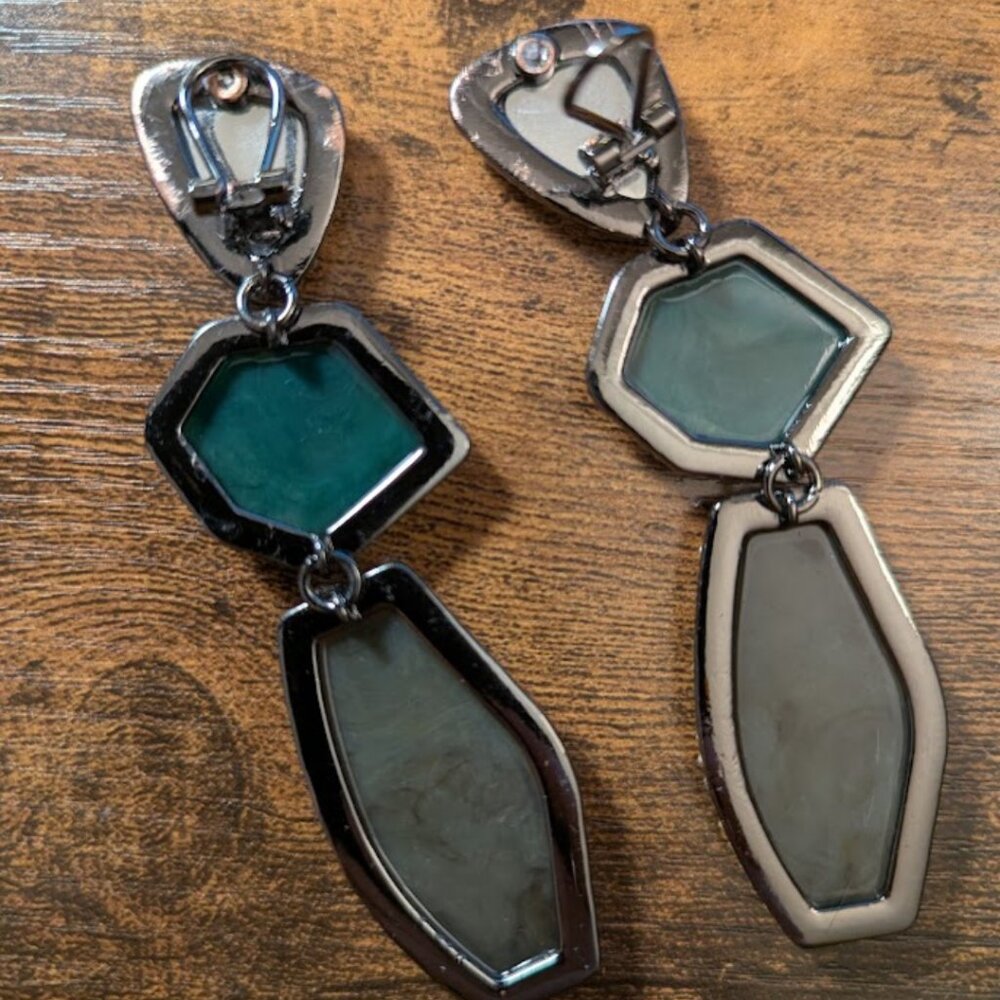Geometric Statement Clip-On Earrings Green Gray Rhinestone Trim Y2K - Picture 5 of 6